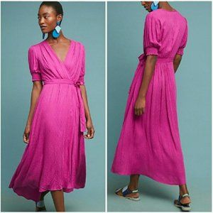 Anthropologie Maeve Breanna Wrap Midi Dress Size 8 Pink Short Sleeve V-neck
